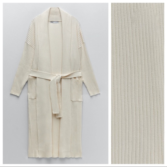 NWT. Zara Cream Open Front Knit Coat with Belt. Size S. - Picture 5 of 9